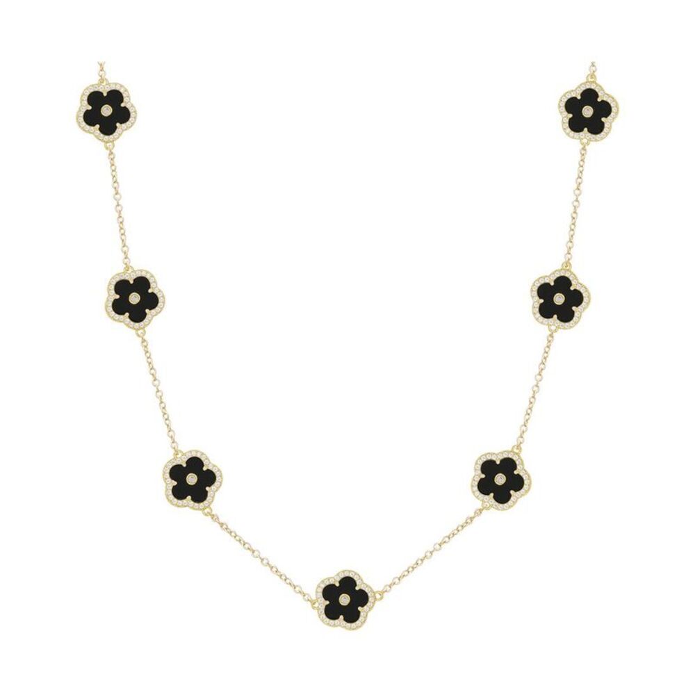 Jankuo Flower 14K Plated Lab-Grown Onyx Cz Station Necklace, Black